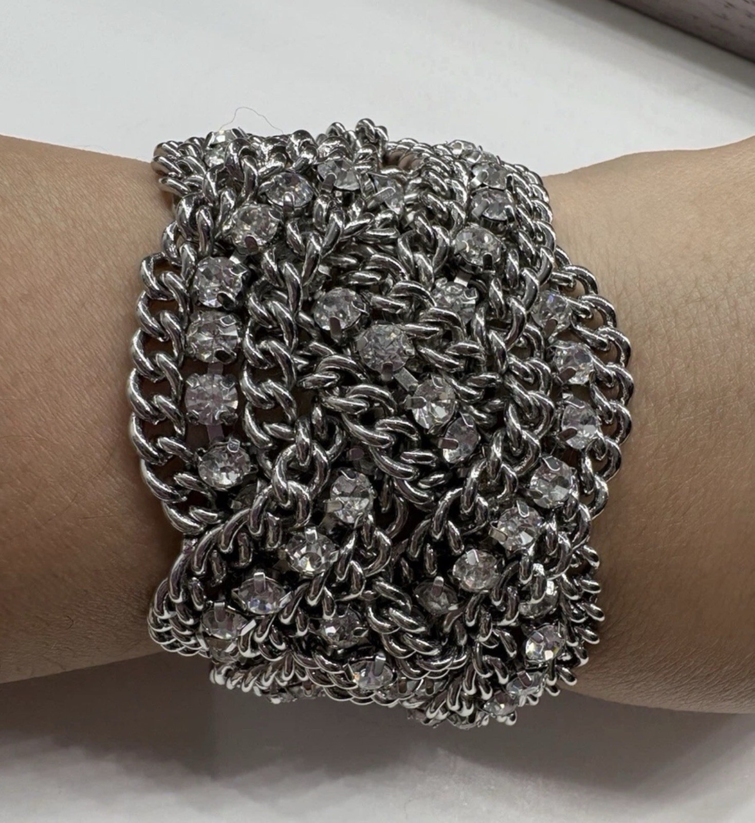 Stella  Dot Bracelet Petra Woven Chain Silver Tone Rhinestones 8&acirc; Reversible